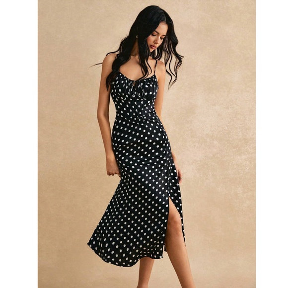 Rouge! Dresses & Skirts - French Style Polka Dot Black Midi Dress Leg Slit